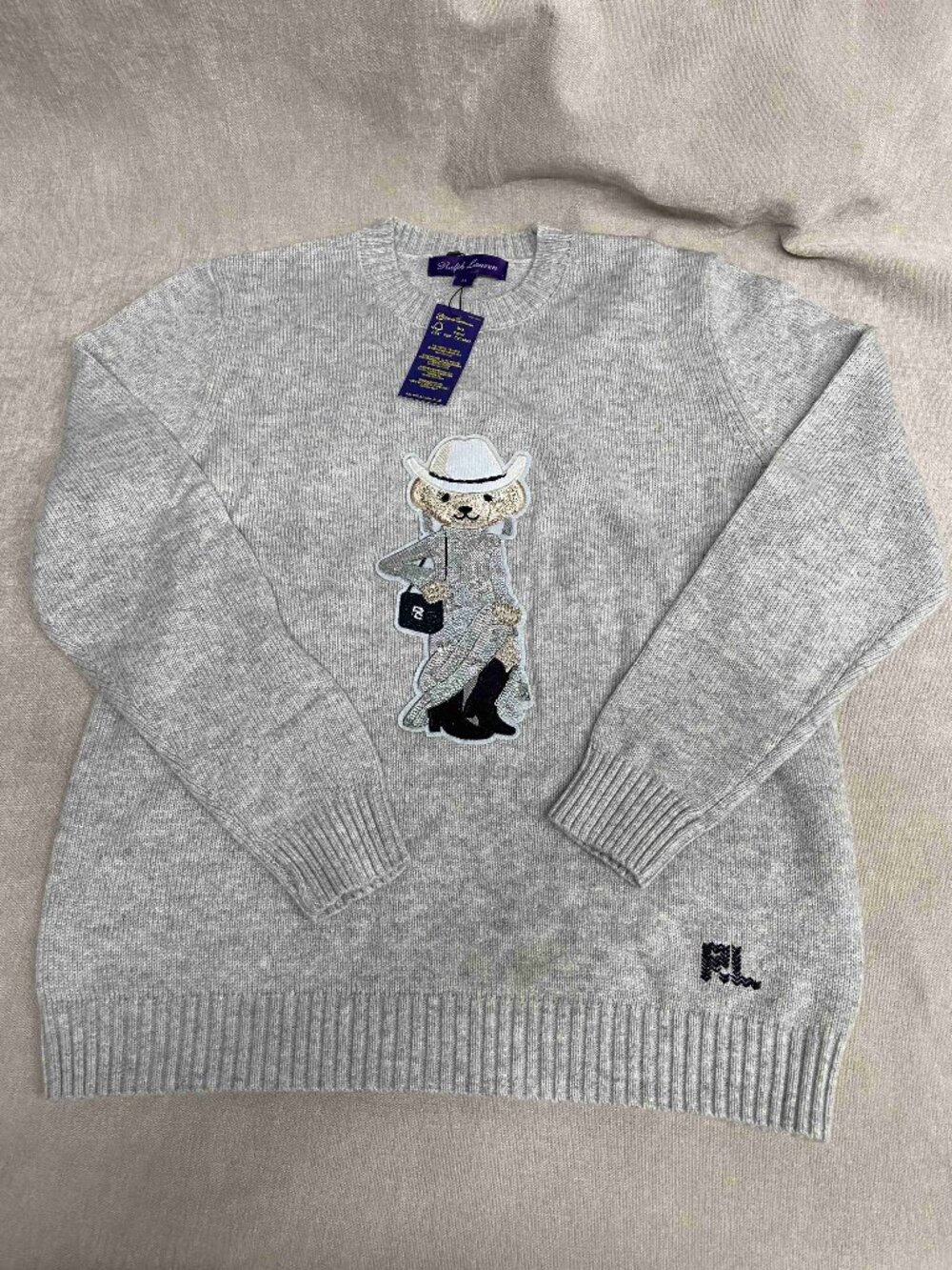 Polo Ralph Lauren Cowgirl Bear Patch Grey Crewneck Wool Blend Sweater